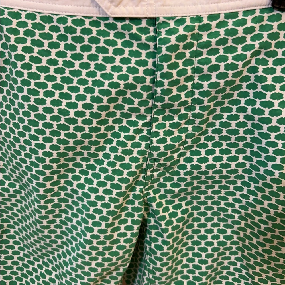 J.Crew Men's Swim Trunks in a green and white geometric print. - Picture 4 of 13